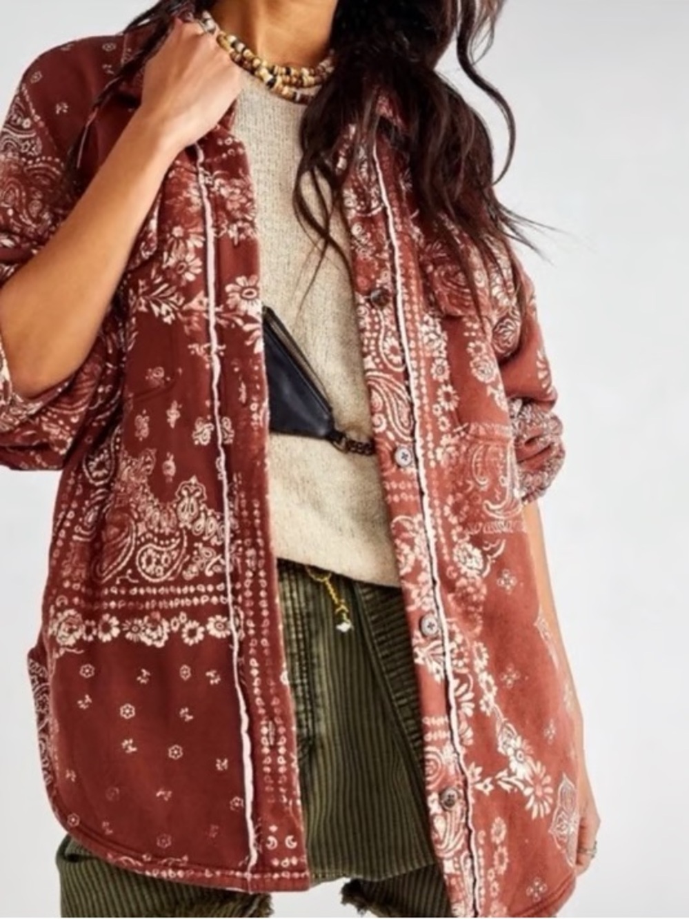 Free People West Coast Bandana Print Oversized Button Jacket in Rusty Copper XS